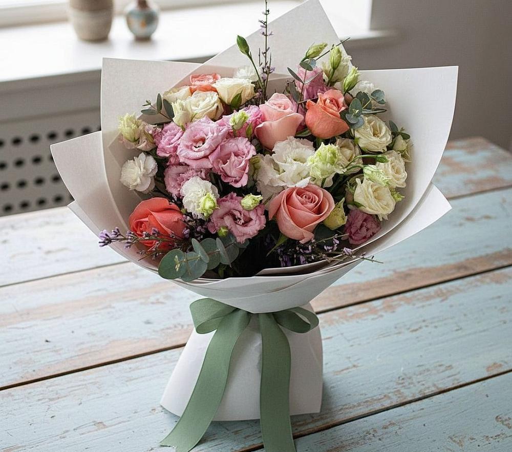 Букет цветов из: Розы, Лизиантусы и Гвоздики в Апатитах