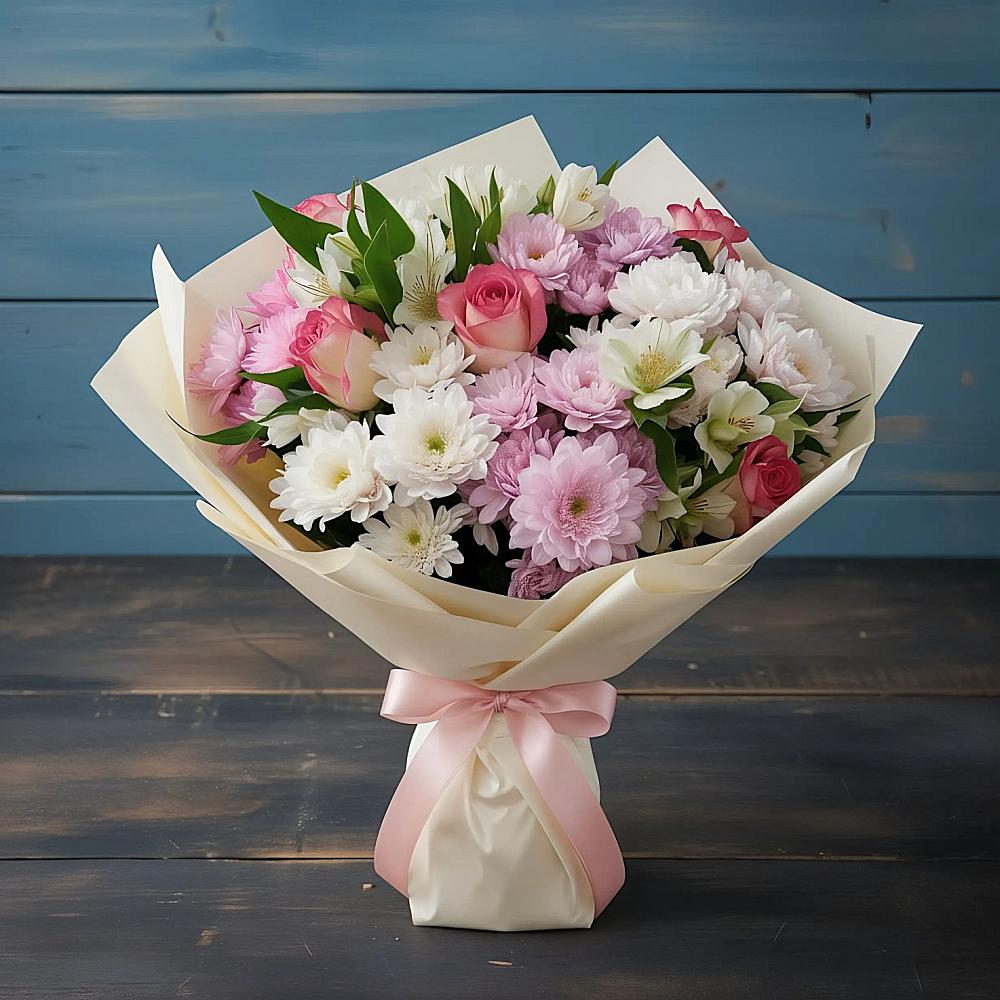 Букет цветов из: Хризантемы, Альстромерии и Розы в Апатитах